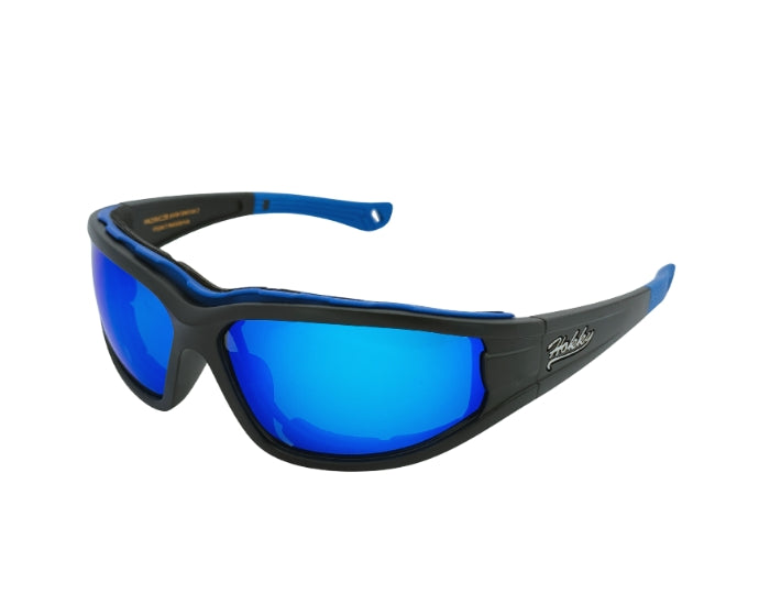 Sunglasses with blue lenses and black frame on a white background