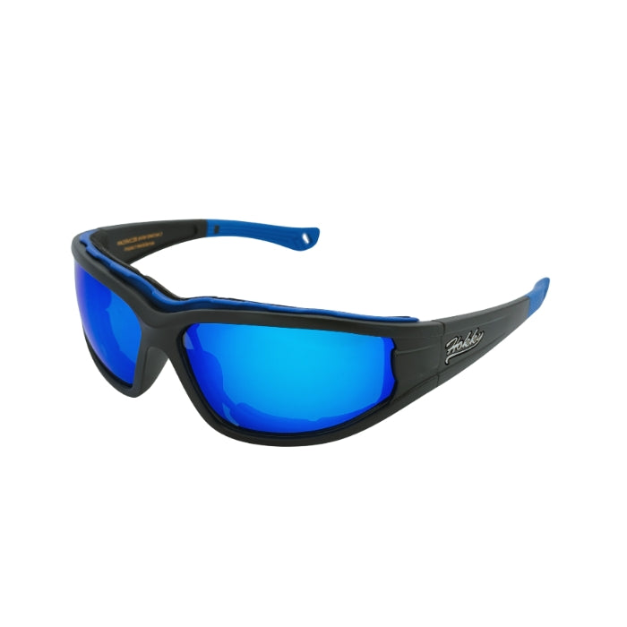 Sunglasses with blue lenses and black frame on a white background