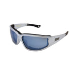 Sunglasses with white frame and blue lenses on a white background