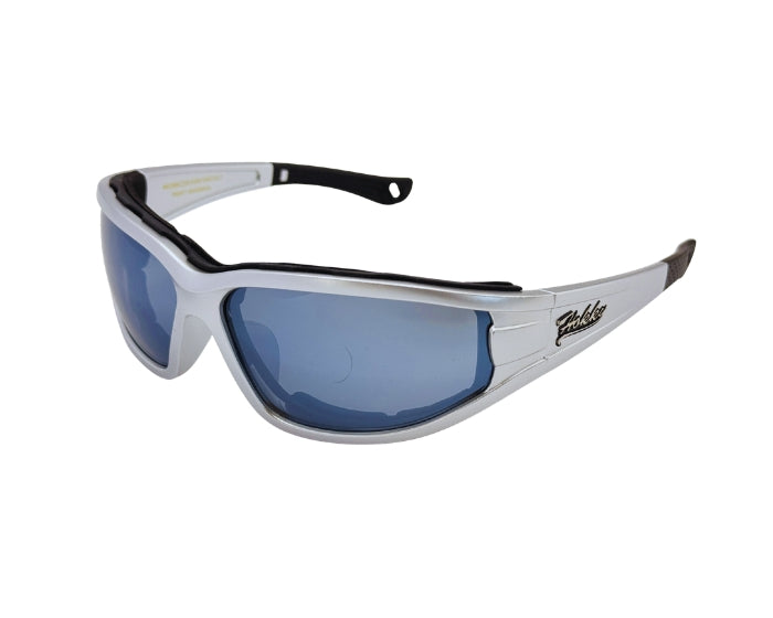 Sunglasses with white frame and blue lenses on a white background