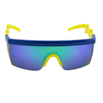 Sunglasses with blue lenses and yellow arms on a white background