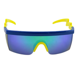 Sunglasses with blue lenses and yellow arms on a white background