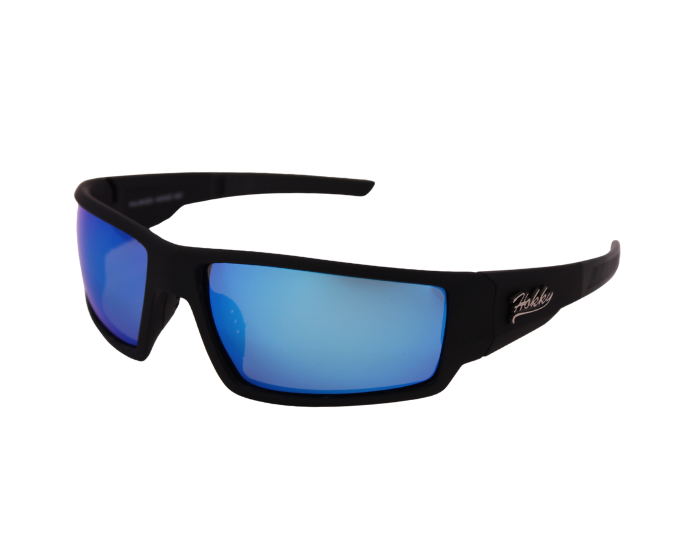 A pair of Hokky brand sunglasses with black frames and blue mirrored lenses.