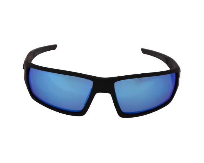 Front View of Hokky brand sunglasses with black frames and blue mirrored lenses.