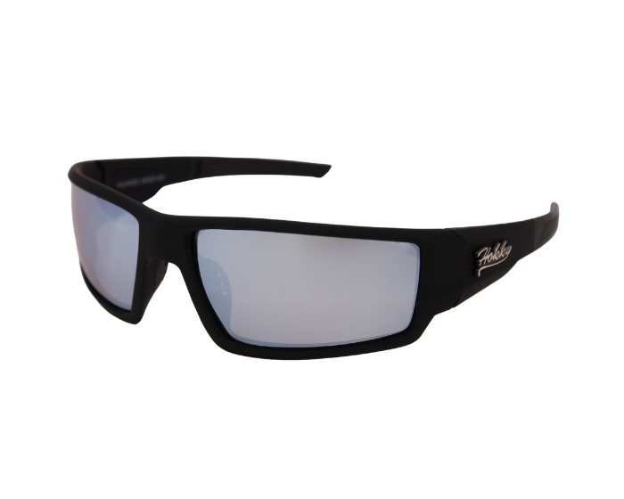 A pair of Hokky brand sunglasses with black frames and grey mirrored lenses.