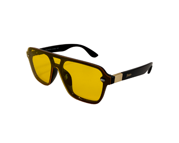 A pair of 'Amalfi' sunglasses featuring a black frame with gold accents and yellow lenses.