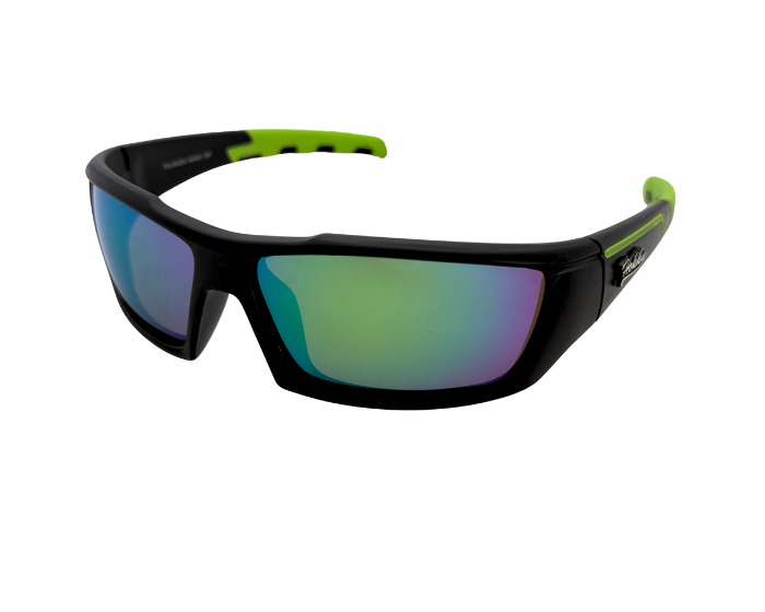 A pair of black unisex sunglasses with green accents on the arms and a polarized lens.