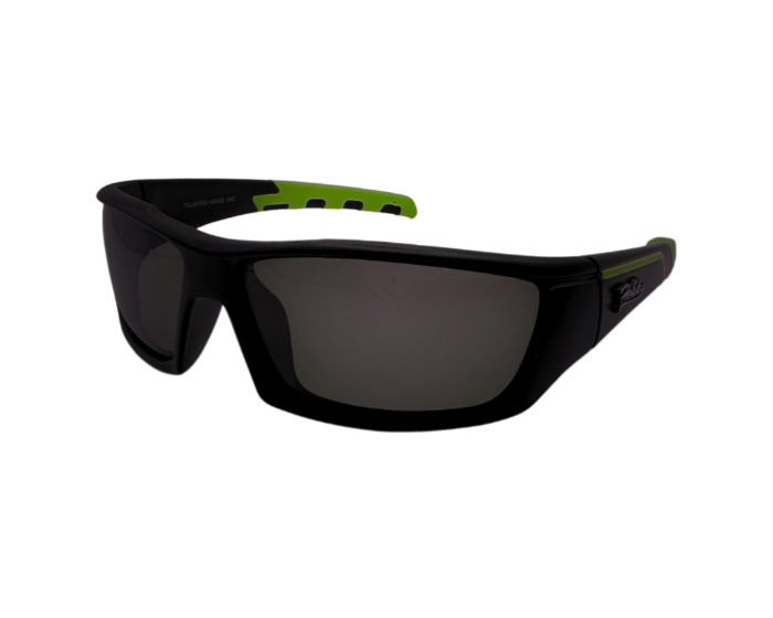 A pair of black unisex sunglasses with green accents on the arms and a polarized lens.