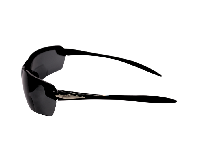 A pair of black framed bi-focal daily use polarised sunglasses with black lenses.