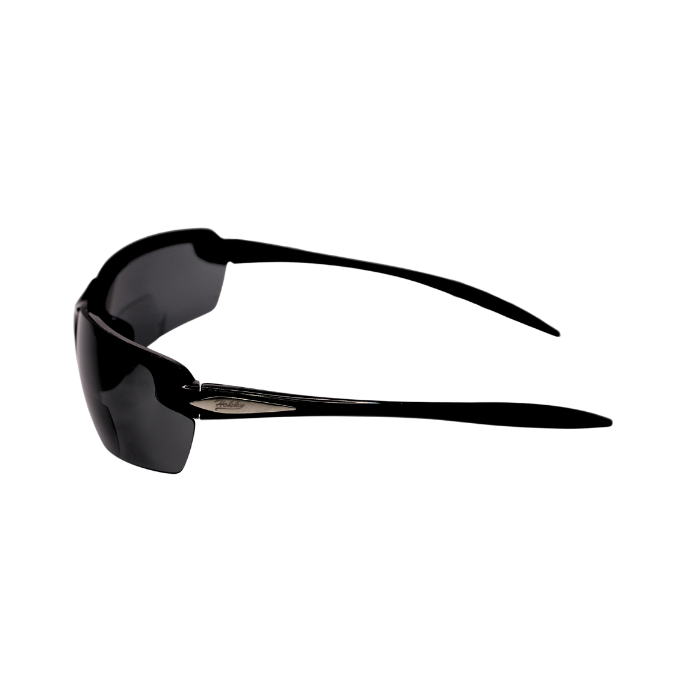 A pair of black framed bi-focal daily use polarised sunglasses with black lenses.