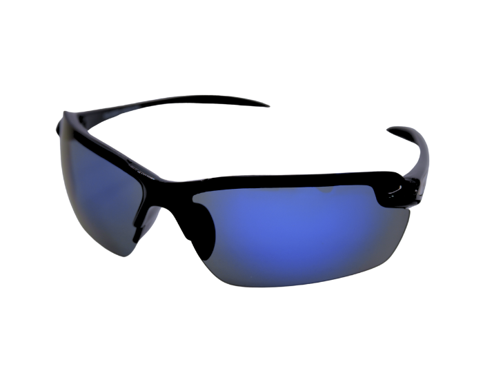 A pair of black framed bi-focal polarised sunglasses with blue lenses.