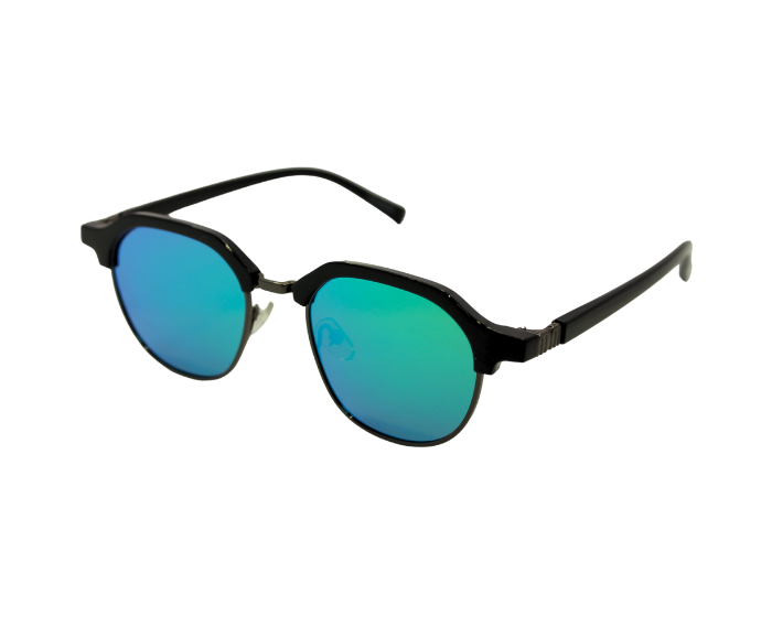 A pair of Hokky 'Bella' sunglasses with a round frame, featuring black and gold color accents and eclipes lenses.