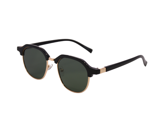 A pair of Hokky 'Bella' sunglasses with a round frame, featuring black and gold color accents and dark lenses.