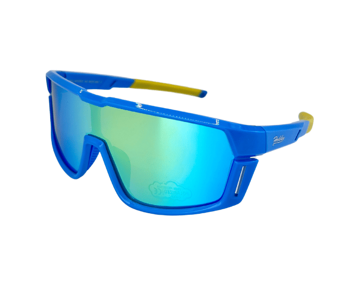 A pair of blue kids' sunglasses with polarised polycarbonate lenses and yellow accents on the arms.