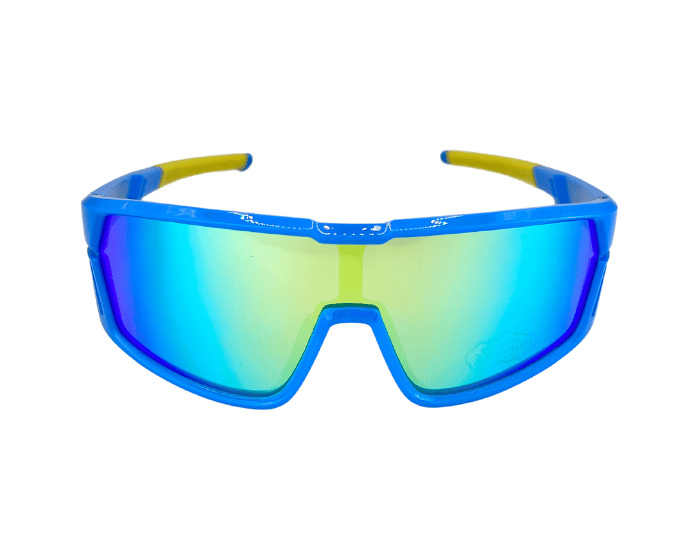 A Pair of blue frames and yellow arms, kids' sports sunglasses with polarised polycarbonate lenses.