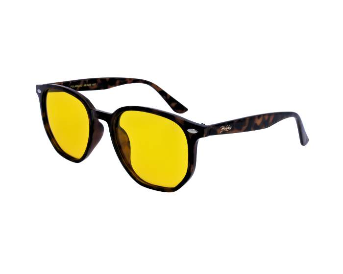 A pair of Hokky Classic unisex sunglasses with a patterned frame in brown and black color, featuring in yellow lenses.