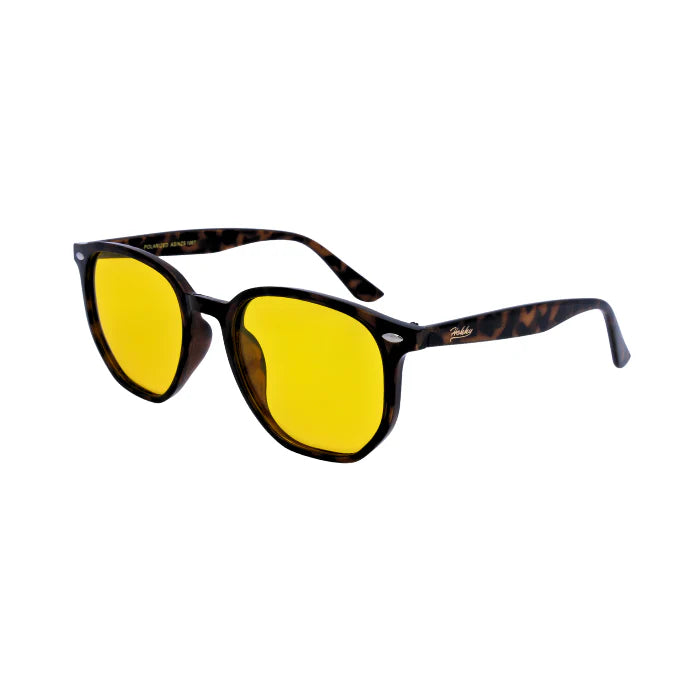 Sunglasses with yellow lenses and tortoiseshell frame on a white background