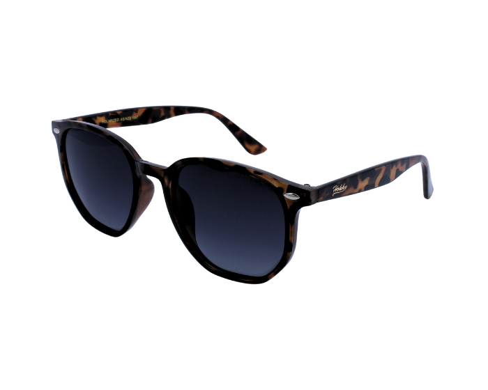 A pair of Hokky Classic unisex sunglasses with a patterned frame in brown and black color, featuring in grey lenses.