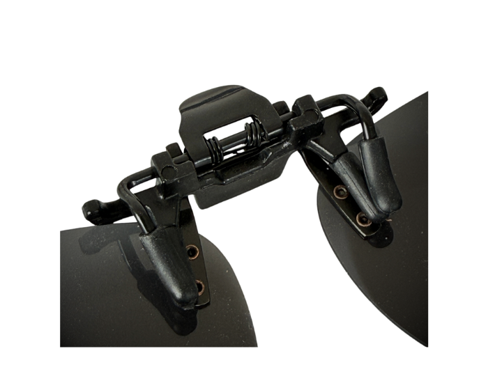 A pair of black clip-on sunglasses.