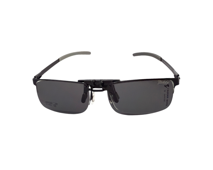 A pair of black clip-on sunglasses with a sleek design, featuring polarised lenses and a metal frame.