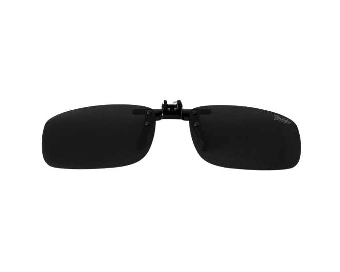 A pair of black clip-on sunglasses designed to be worn over prescription glasses.
