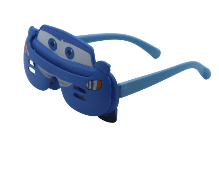 Blue car-shaped sunglasses on a white background