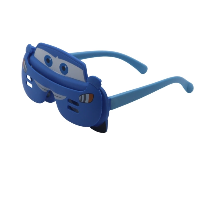 Blue car-shaped sunglasses on a white background