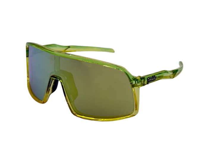 Green sunglasses with a polarised anti glare lens on a white background