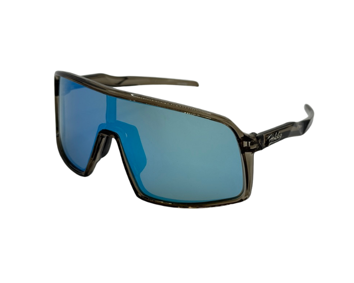 polarised Sunglasses with blue lenses and a black frame on a white background