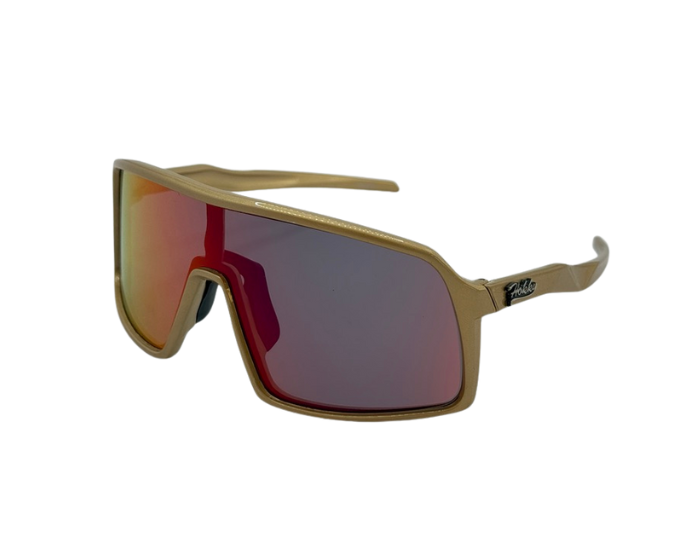 Beige sunglasses with red-tinted lenses on a white background