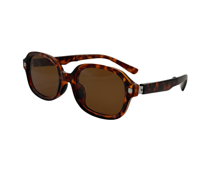 A pair of foldable, round-framed sunglasses with a patterned brown and black design and polarized lenses.