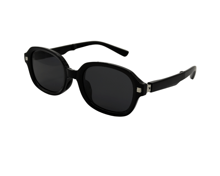 A pair of foldable, round-framed Black Colour sunglasses and polarized lenses.