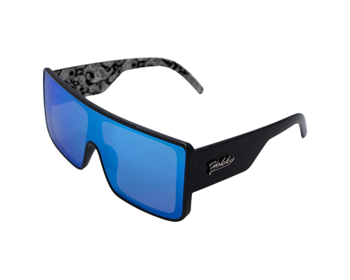 A pair of 'El Jefe' sunglasses with a bold rectangular frame and blue mirrored lenses, featuring a patterned interior on the temples.