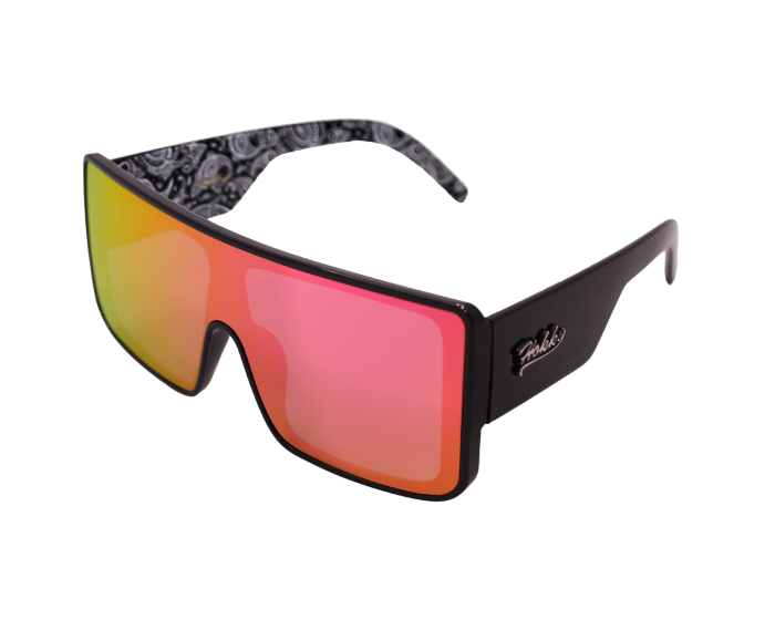 A pair of 'El Jefe' sunglasses with a bold rectangular frame and orange mirrored lenses, featuring a patterned interior on the temples.