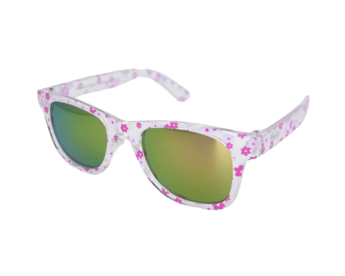 Children's sunglasses with a pink flower garden daisy pattern on the frames and green-tinted lenses.