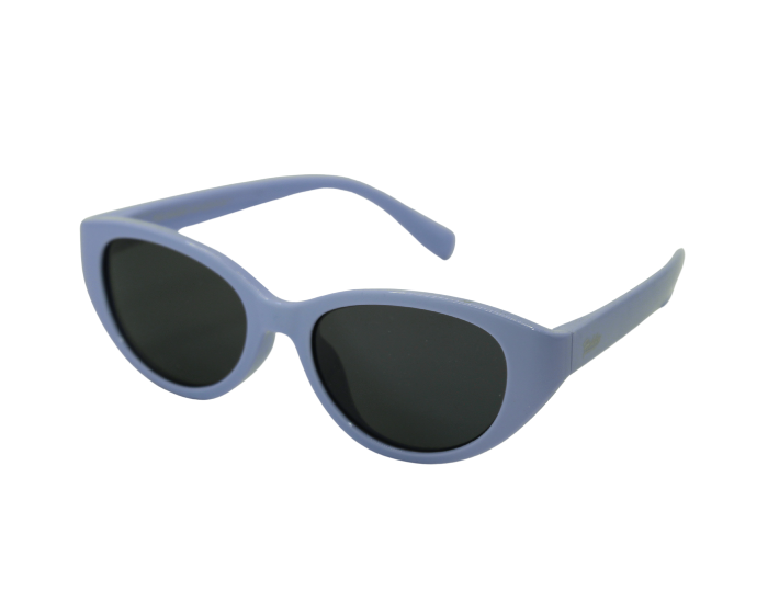 A pair of blue kids' sunglasses with a oval shape and flexible frame design.
