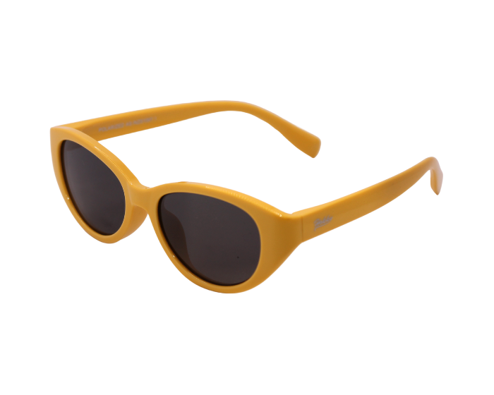 side view of yellow colour kids' sunglasses with a oval shape and flexible frame design.
