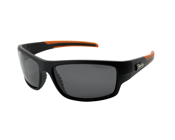 A pair of black sports sunglasses with orange accents on the arms and a polarized lens.