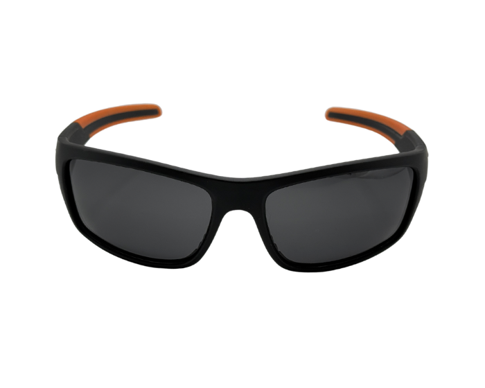 A pair of black sports sunglasses with orange accents on the arms and a polarized dark grey lens.