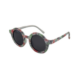 Side View of Children's round sunglasses with floral pattern on the frame, featuring polarized lenses.