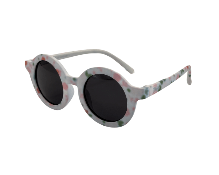 Children's round sunglasses with floral pattern on the frame, featuring polarised lenses.