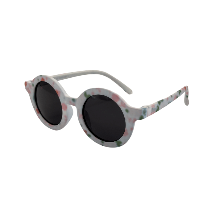 Children's round sunglasses with floral pattern on the frame, featuring polarized lenses.