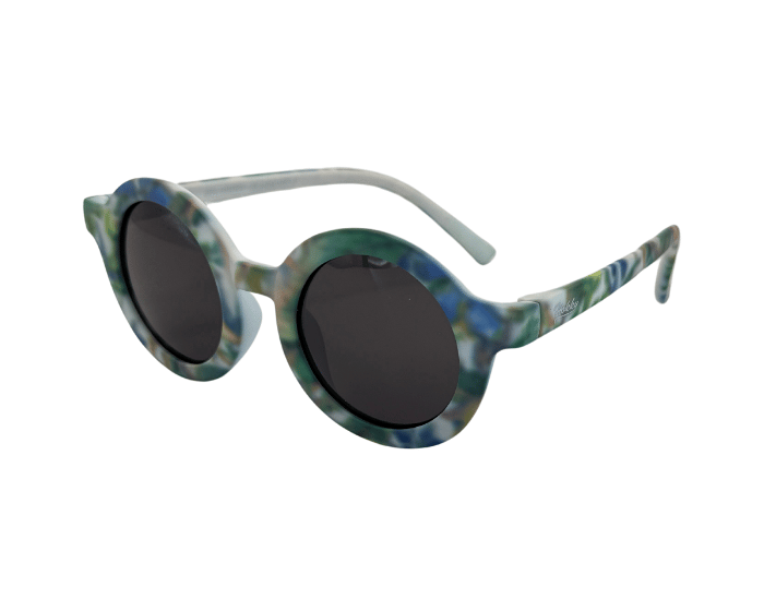 Children's round sunglasses with floral pattern on the frame, featuring anti glare lenses.