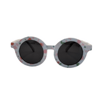 Front View of Children's round sunglasses with floral pattern on the frame, featuring polarized lenses.