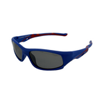 A pair of kids' unbreakable sunglasses with Blue frames and red accents on the arms with polarised lenses.