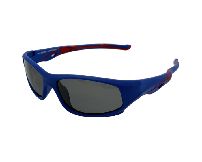 A pair of kids' unbreakable sunglasses with Blue frames and red accents on the arms with polarised lenses.