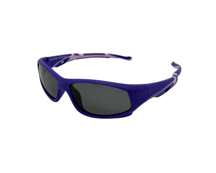A pair of kids' unbreakable sunglasses with Blue frames and pink accents on the arms with polarised lenses.