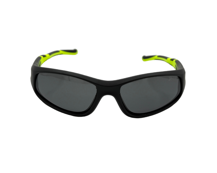 A pair of kids' unbreakable sunglasses with Black frames and green accents on the arms with polarised lenses.