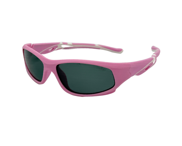 A pair of kids' unbreakable sunglasses with Pink frames and white accents on the arms with grey polarised lenses.