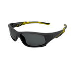 A pair of kids' unbreakable sunglasses with Black frames and yellow accents on the arms with polarised lenses.
